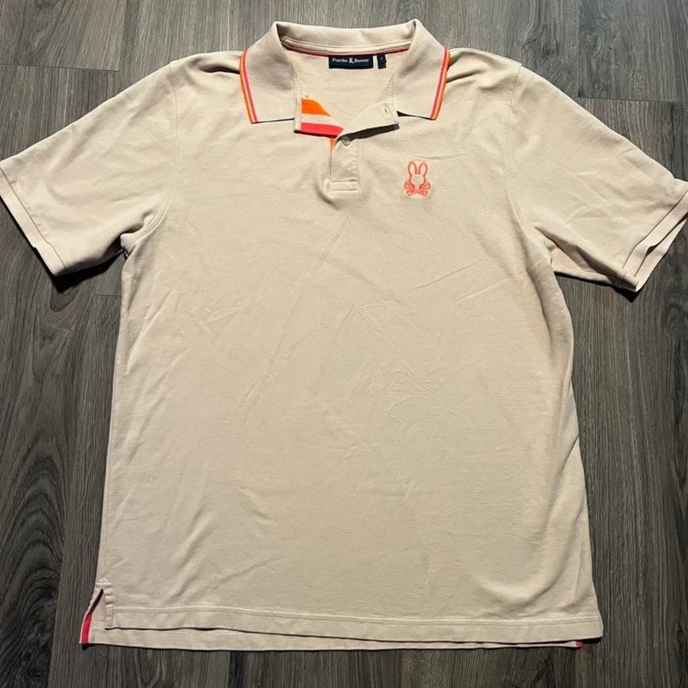 Psycho Bunny Men's 2XL Size 8 Beige Neon Pink Orange Pima Cotton Polo